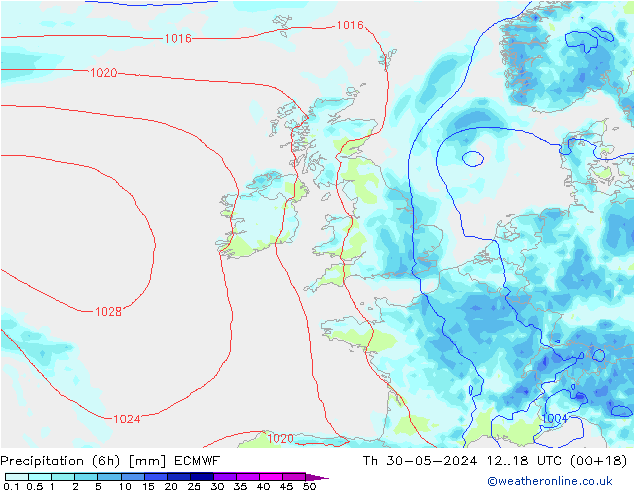 Z500/Rain (+SLP)/Z850 ECMWF Čt 30.05.2024 18 UTC