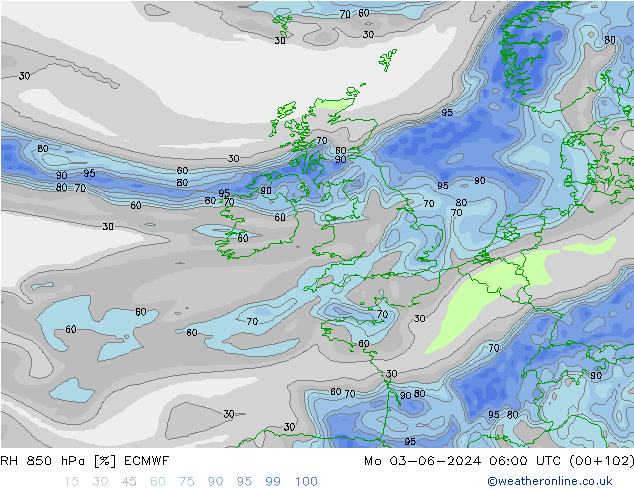 RH 850 hPa ECMWF Seg 03.06.2024 06 UTC