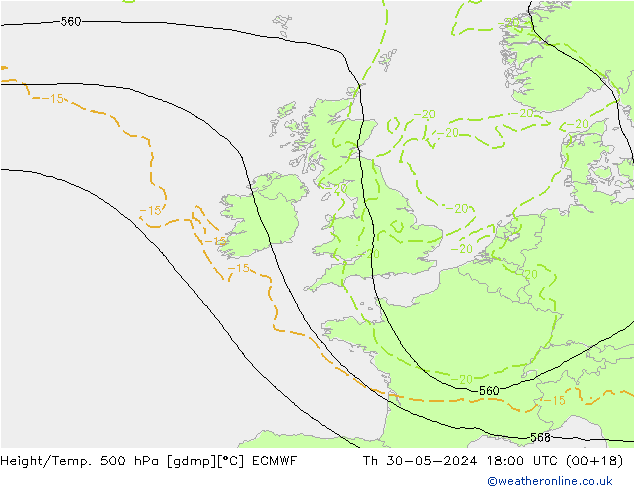 Z500/Rain (+SLP)/Z850 ECMWF Čt 30.05.2024 18 UTC