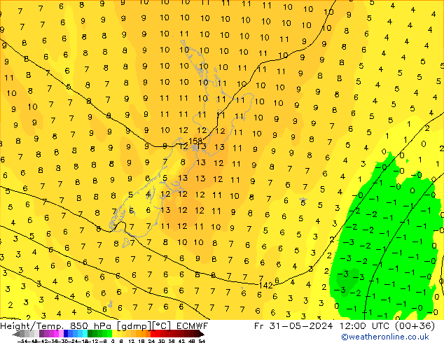 Height/Temp. 850 hPa ECMWF Pá 31.05.2024 12 UTC