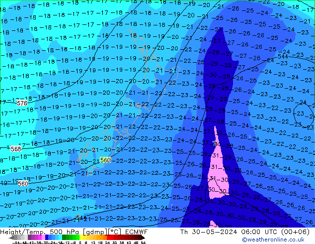 Z500/Rain (+SLP)/Z850 ECMWF чт 30.05.2024 06 UTC