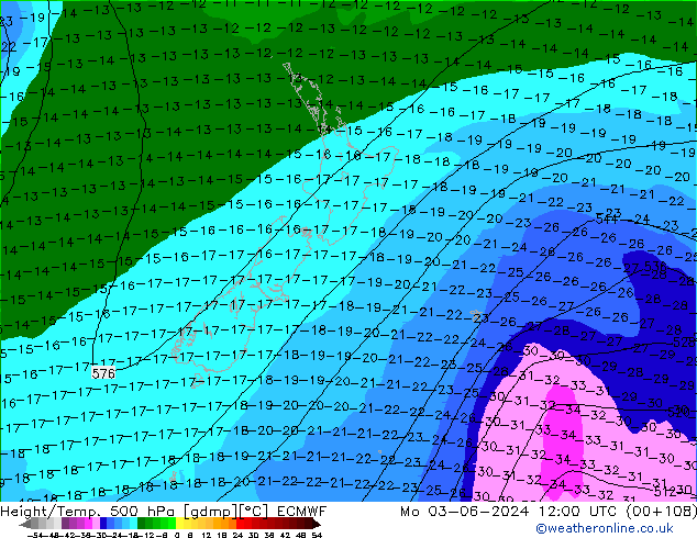 Z500/Rain (+SLP)/Z850 ECMWF Po 03.06.2024 12 UTC