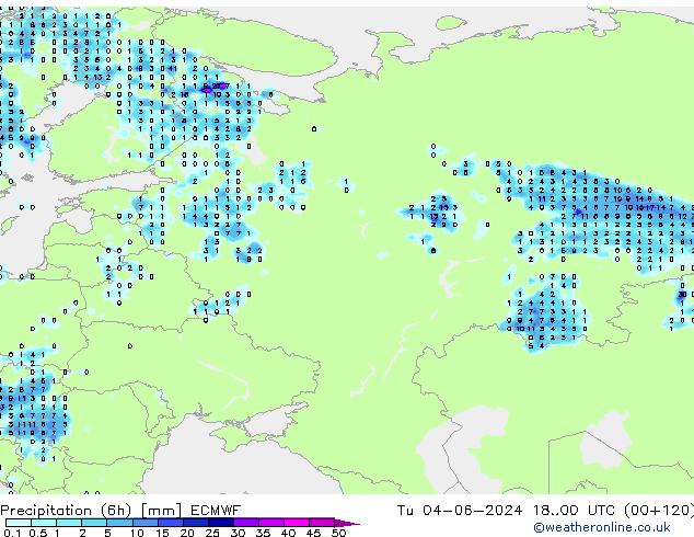 Precipitation (6h) ECMWF Út 04.06.2024 00 UTC