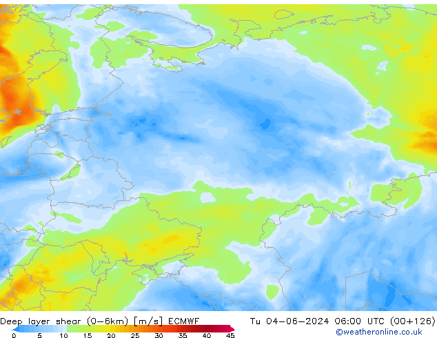 Deep layer shear (0-6km) ECMWF di 04.06.2024 06 UTC