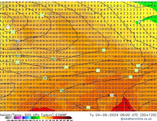 Height/Temp. 925 hPa ECMWF Út 04.06.2024 06 UTC