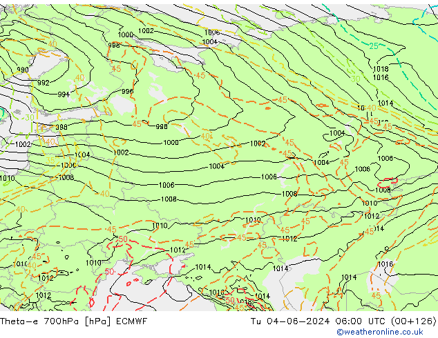 Theta-e 700hPa ECMWF Út 04.06.2024 06 UTC