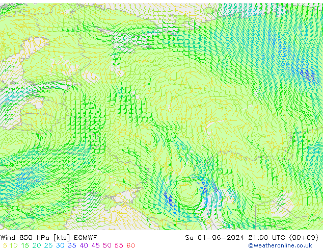 Rüzgar 850 hPa ECMWF Cts 01.06.2024 21 UTC