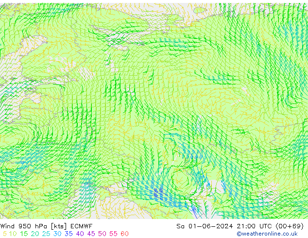 Vento 950 hPa ECMWF sab 01.06.2024 21 UTC