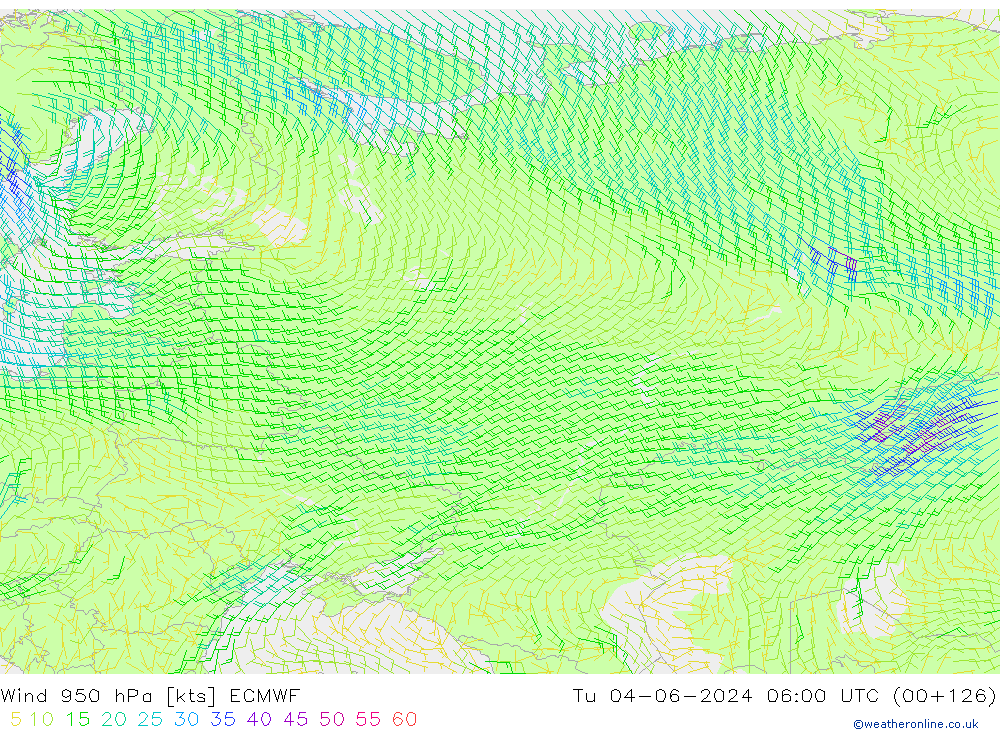 Wind 950 hPa ECMWF Út 04.06.2024 06 UTC