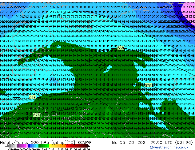 Z500/Rain (+SLP)/Z850 ECMWF Po 03.06.2024 00 UTC