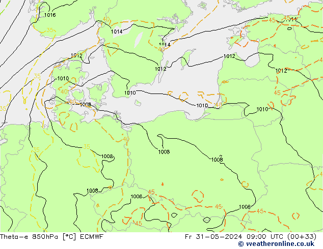 Theta-e 850hPa ECMWF Fr 31.05.2024 09 UTC