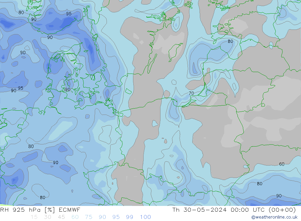 Humidité rel. 925 hPa ECMWF jeu 30.05.2024 00 UTC