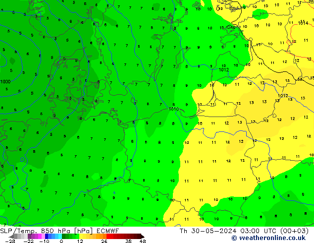 SLP/Temp. 850 hPa ECMWF jeu 30.05.2024 03 UTC