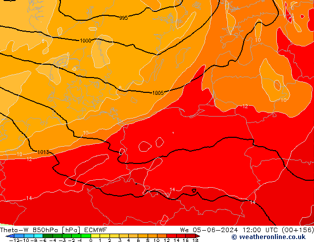 Theta-W 850гПа ECMWF ср 05.06.2024 12 UTC