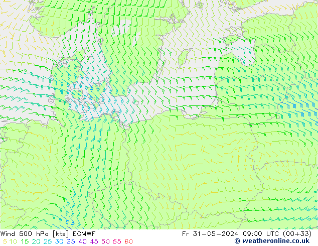 Wind 500 hPa ECMWF Fr 31.05.2024 09 UTC