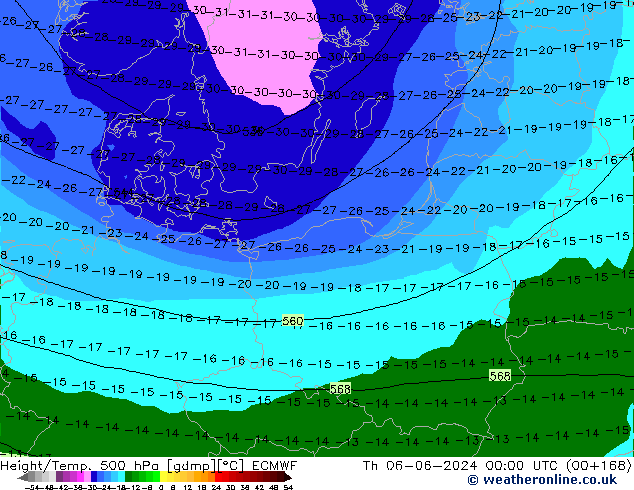 Height/Temp. 500 hPa ECMWF Čt 06.06.2024 00 UTC