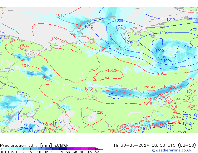 Prec 6h/Wind 10m/950 ECMWF czw. 30.05.2024 06 UTC