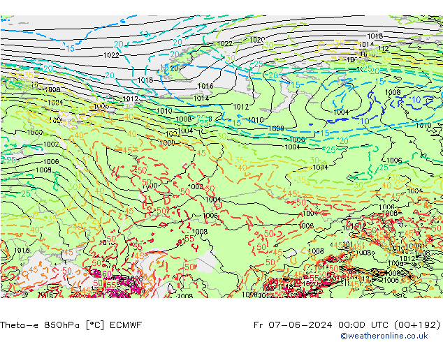 Theta-e 850hPa ECMWF vie 07.06.2024 00 UTC