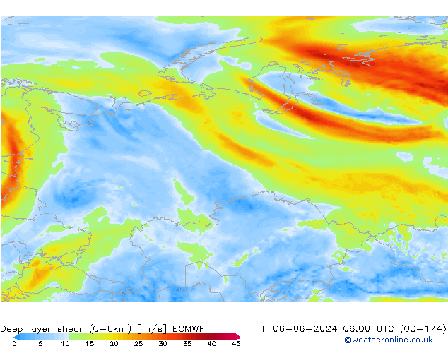 Deep layer shear (0-6km) ECMWF jeu 06.06.2024 06 UTC