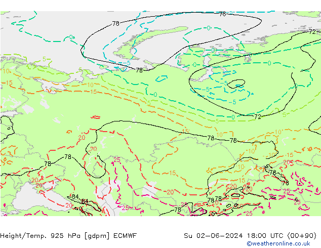 Height/Temp. 925 гПа ECMWF Вс 02.06.2024 18 UTC
