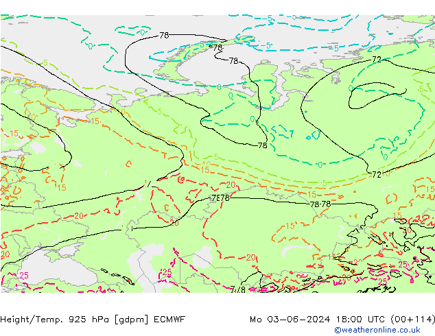 Height/Temp. 925 hPa ECMWF Mo 03.06.2024 18 UTC