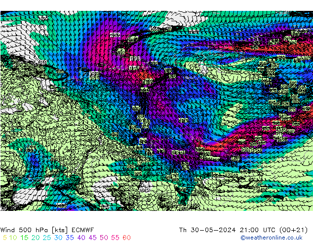 Vento 500 hPa ECMWF gio 30.05.2024 21 UTC