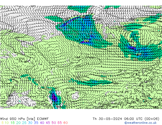 Prec 6h/Wind 10m/950 ECMWF czw. 30.05.2024 06 UTC