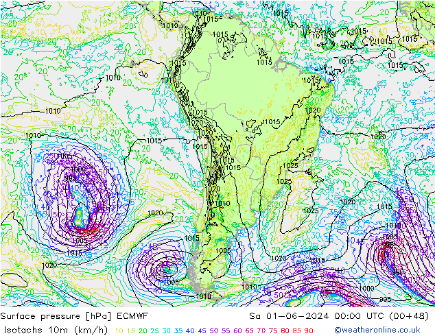 Isotachen (km/h) ECMWF za 01.06.2024 00 UTC