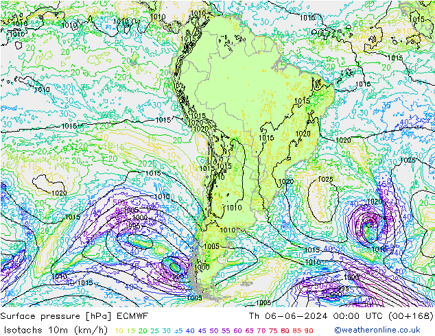Isotaca (kph) ECMWF jue 06.06.2024 00 UTC