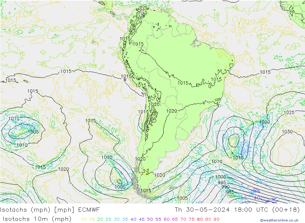 Isotaca (mph) ECMWF jue 30.05.2024 18 UTC