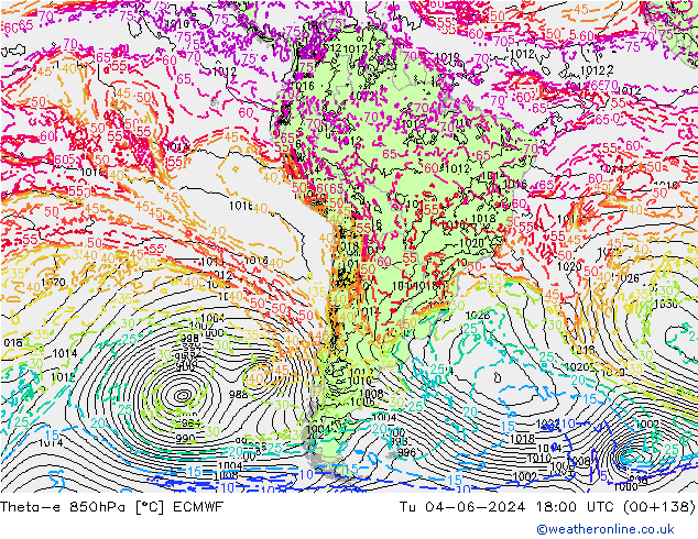 Theta-e 850hPa ECMWF Sa 04.06.2024 18 UTC