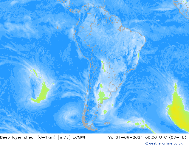 Deep layer shear (0-1km) ECMWF so. 01.06.2024 00 UTC