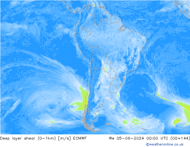 Deep layer shear (0-1km) ECMWF Qua 05.06.2024 00 UTC