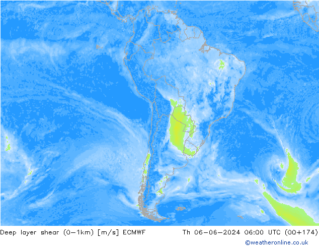 Deep layer shear (0-1km) ECMWF jeu 06.06.2024 06 UTC