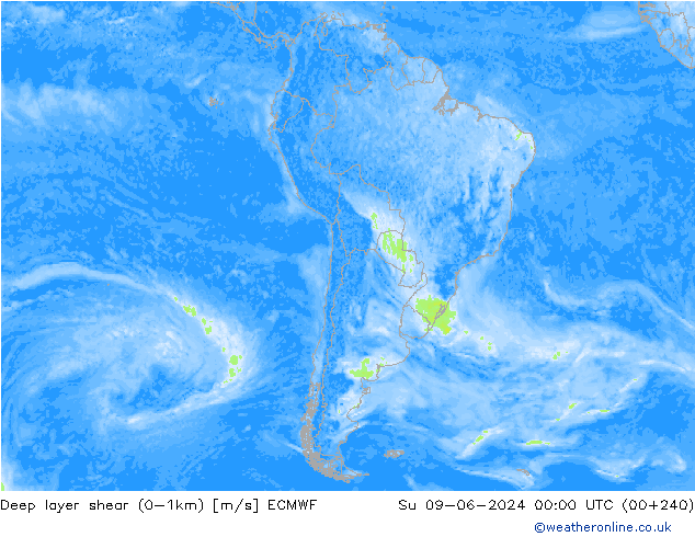 Deep layer shear (0-1km) ECMWF Su 09.06.2024 00 UTC