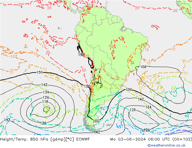 Geop./Temp. 850 hPa ECMWF lun 03.06.2024 06 UTC