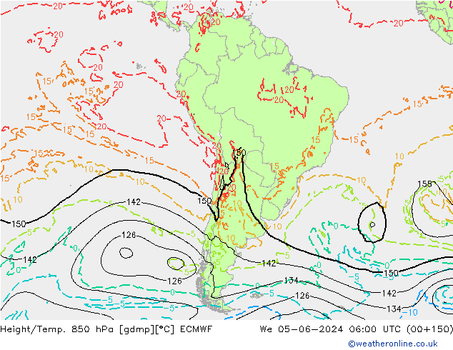 Geop./Temp. 850 hPa ECMWF mié 05.06.2024 06 UTC