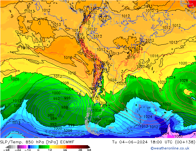 SLP/Temp. 850 hPa ECMWF Ter 04.06.2024 18 UTC