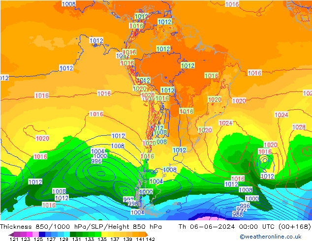 Thck 850-1000 hPa ECMWF Čt 06.06.2024 00 UTC