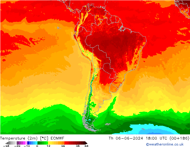 Temperatuurkaart (2m) ECMWF do 06.06.2024 18 UTC