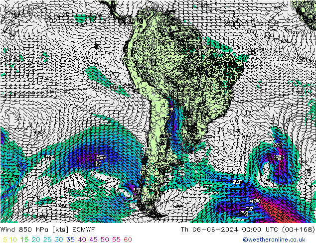 Viento 850 hPa ECMWF jue 06.06.2024 00 UTC