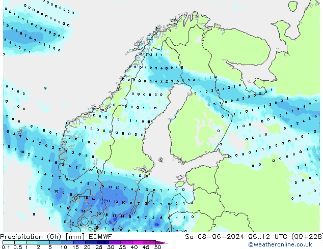 Precipitation (6h) ECMWF So 08.06.2024 12 UTC