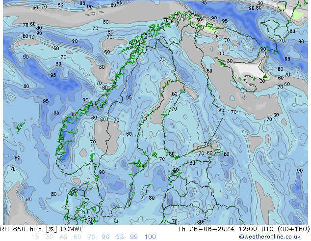 Humidité rel. 850 hPa ECMWF jeu 06.06.2024 12 UTC