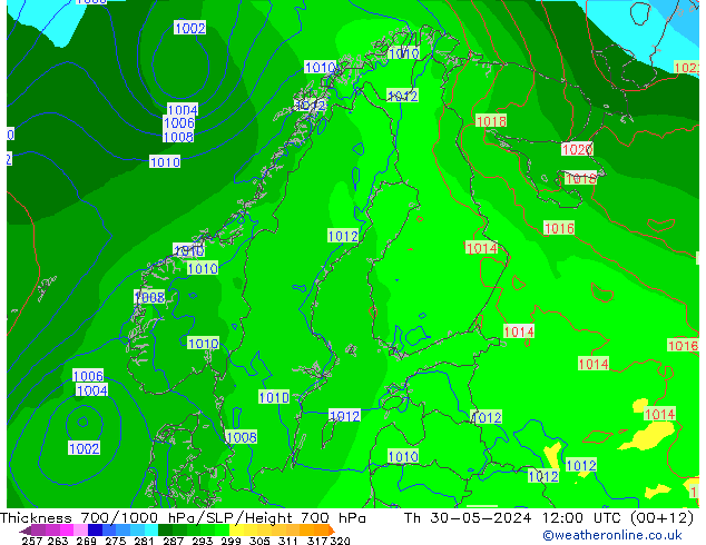 Espesor 700-1000 hPa ECMWF jue 30.05.2024 12 UTC