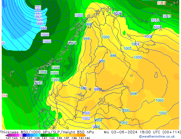 Dikte 850-1000 hPa ECMWF ma 03.06.2024 18 UTC