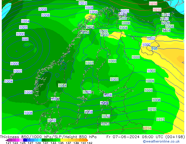 Espesor 850-1000 hPa ECMWF vie 07.06.2024 06 UTC