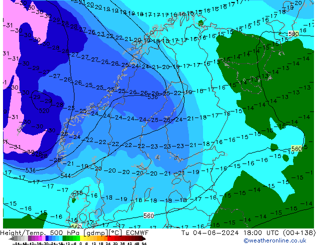 Z500/Rain (+SLP)/Z850 ECMWF Tu 04.06.2024 18 UTC