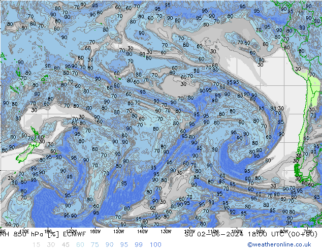Humidité rel. 850 hPa ECMWF dim 02.06.2024 18 UTC