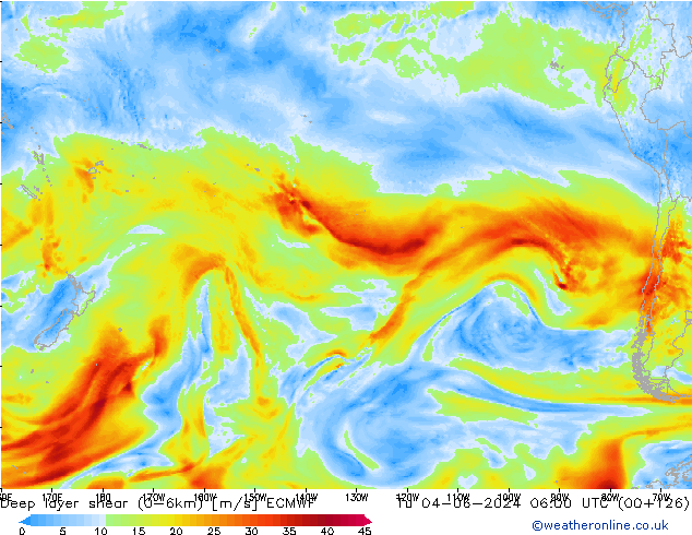 Deep layer shear (0-6km) ECMWF вт 04.06.2024 06 UTC