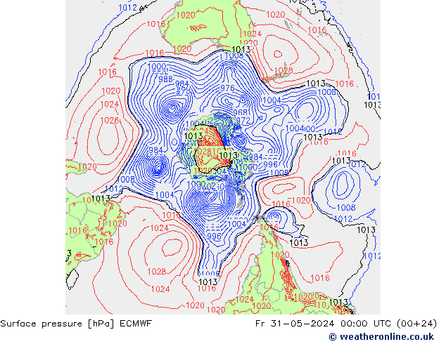 Presión superficial ECMWF vie 31.05.2024 00 UTC